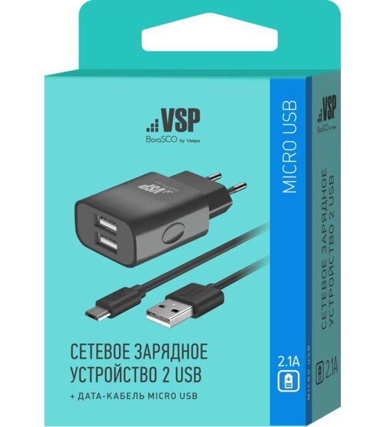СЗУ дата-кабель VSP micro-usb 2.1A 2usb черный 1м
